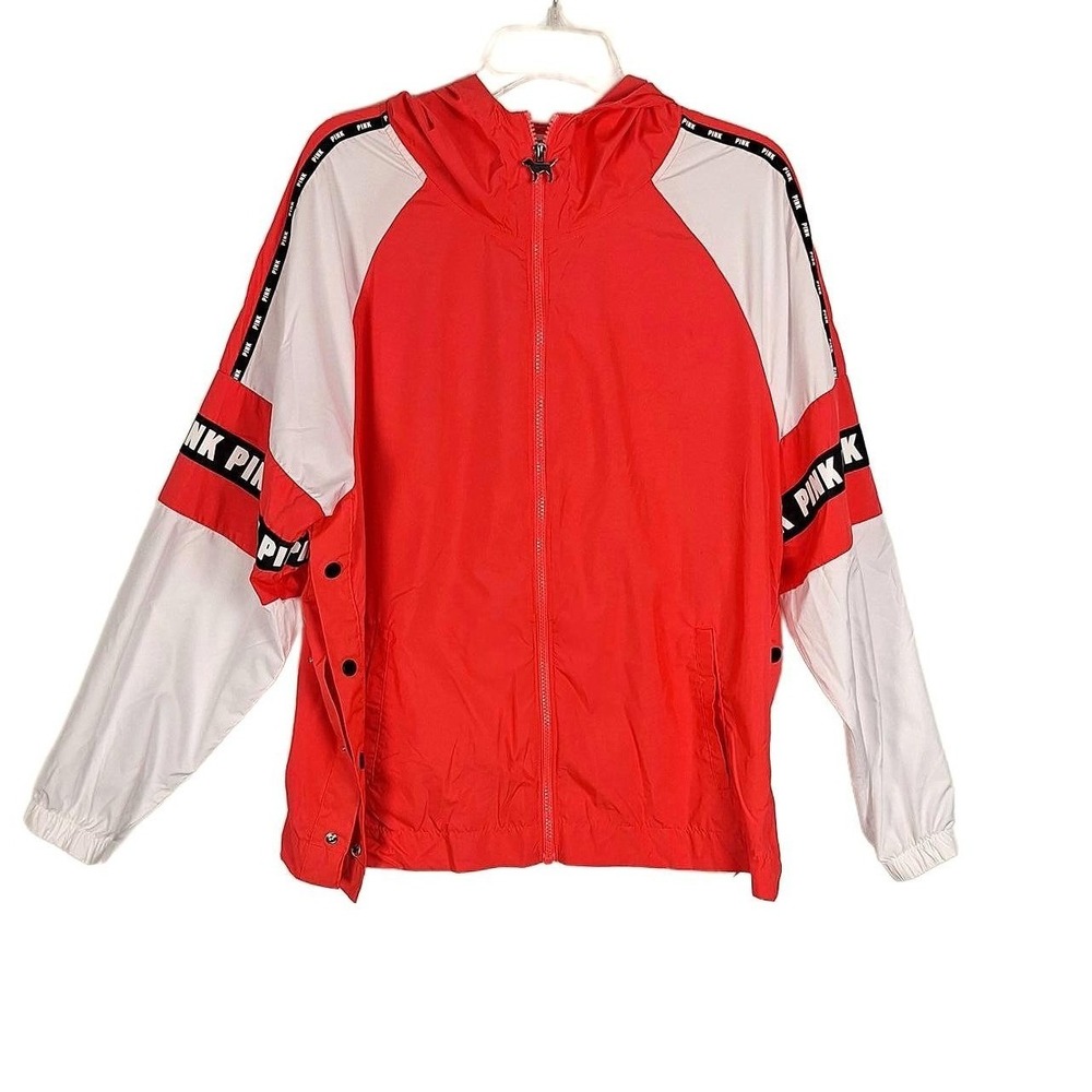 Victoria's Secret PINK Windbreaker Jacket Red White Logo Full Zip Hooded M/L